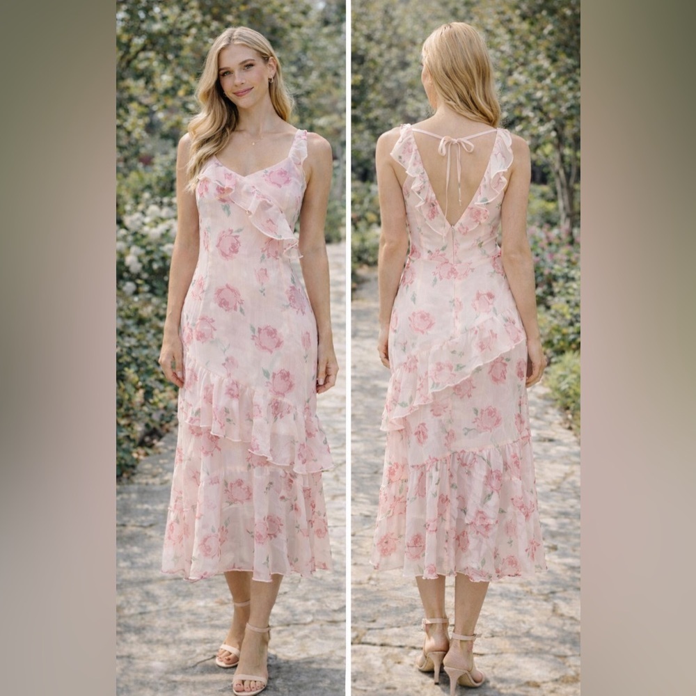 Papermoon Pink Floral Size M Midi Dress Open Back Tie Chiffon Romantic NWT‎